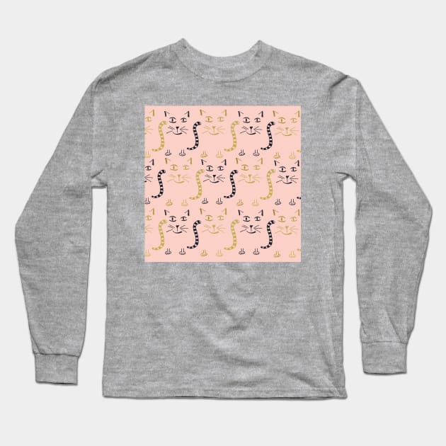 Gold black cats pattern on pink Long Sleeve T-Shirt by 3PennyPhilo